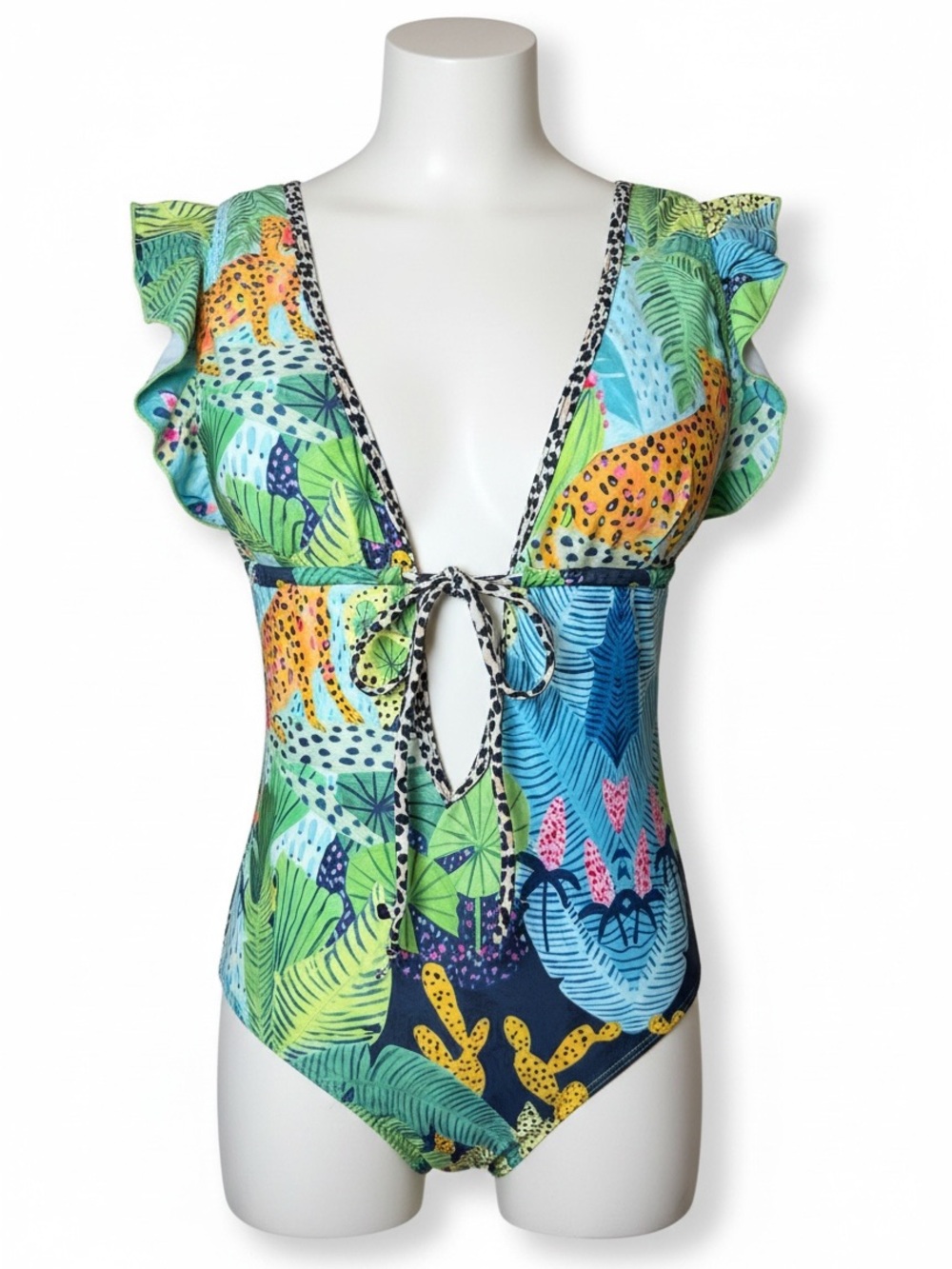 Tropical Print One-Piece Swimsuit in Green and Blue 3138